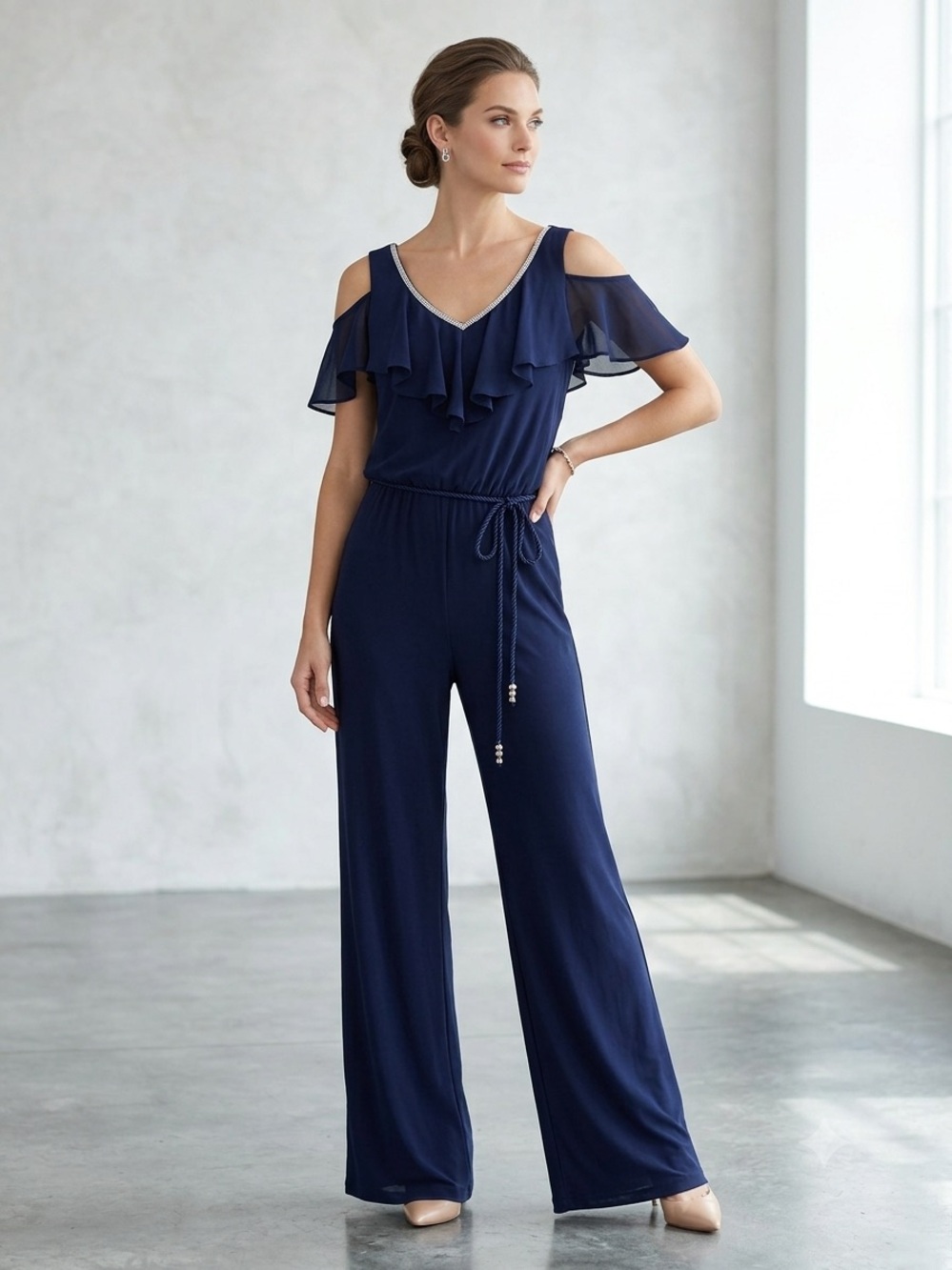 NWT Roz & Ali Navy Blue Cold-Shoulder Ruffle Jumpsuit with Waist Tie, Size Large
